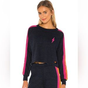 Aviator Nation Cropped Classic Crewneck in Heather Navy Neon